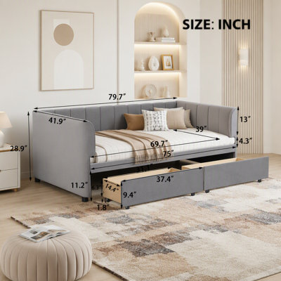 Twin Size Upholstered Daybed with Ergonomic Design Backrest and 2 Drawers