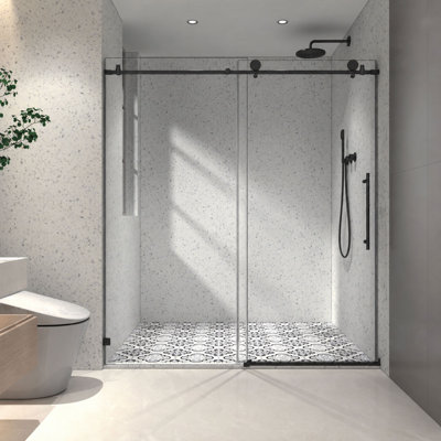 56 - 60 in. x 76 in. Frameless Glass Sliding Doors, Matte Black Hardwares