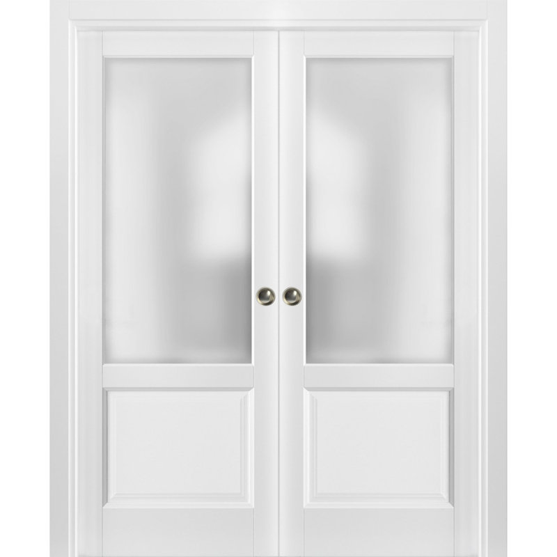 Portes coulissantes doubles françaises Lucia 22 Blanc Soie avec kit de vitrage opaque dépoli, garnitures, rails et quincaillerie en bois massif pour intérieur, garde-manger, cuisine, chambre, placard, porte robuste 36" x 84" (2 x 18 x 84)