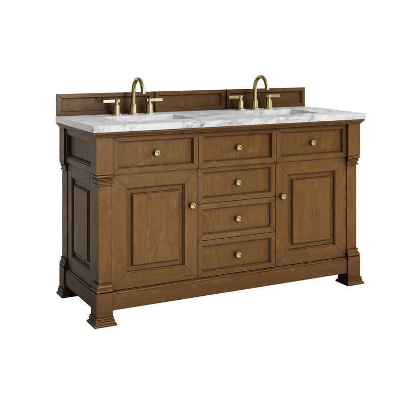 Brookfield 60'' W Double Vanity, Carrara White, Widespread, Honey Oak