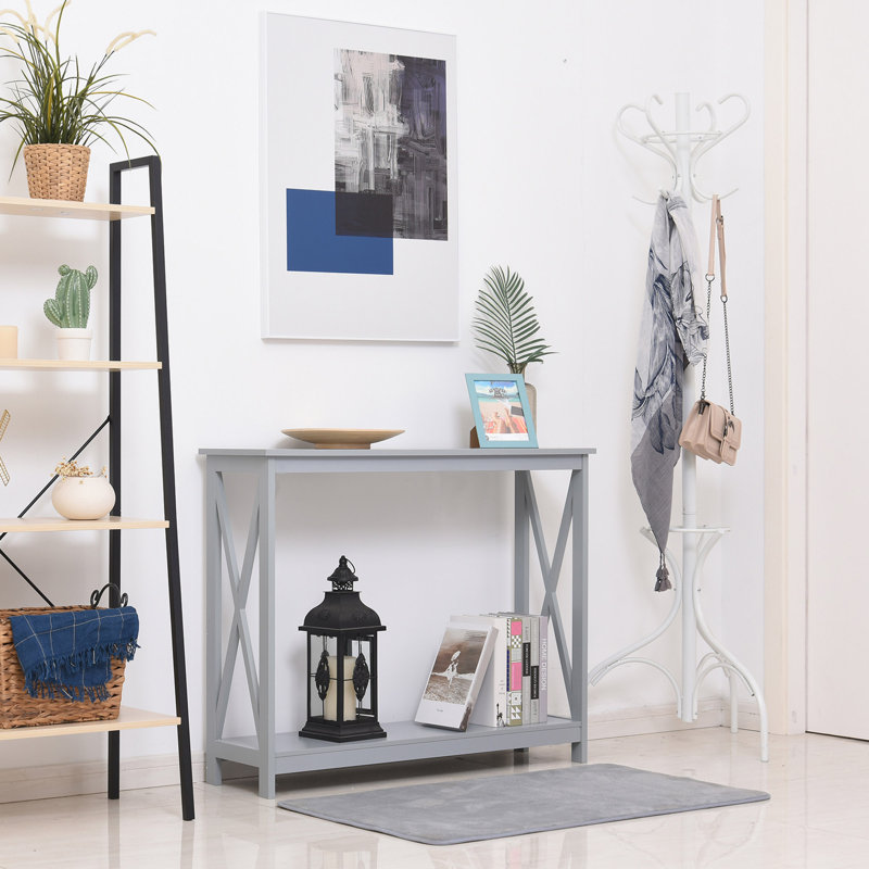 2-Tier Console Table, Sofa Side Table With Storage Shelf, X Design For Entryway, Living Room, And Hallway, Grey