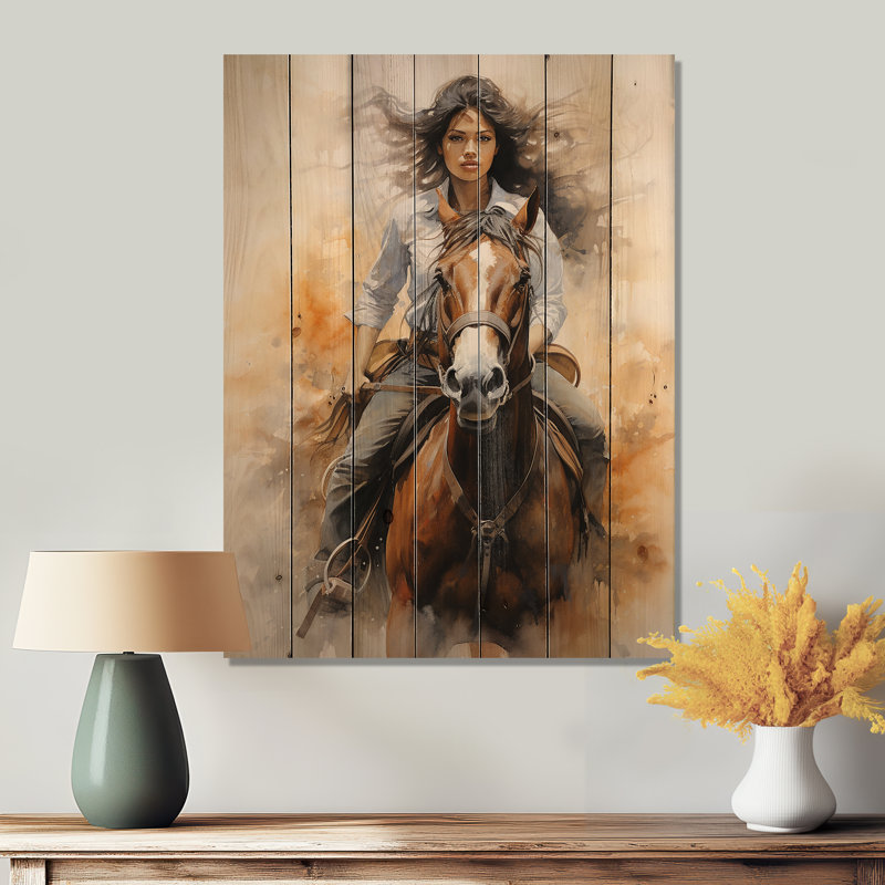 Cowgirl chevauchant avec grâce sur bois, H 32 po x l 24 po x P 0,78 po