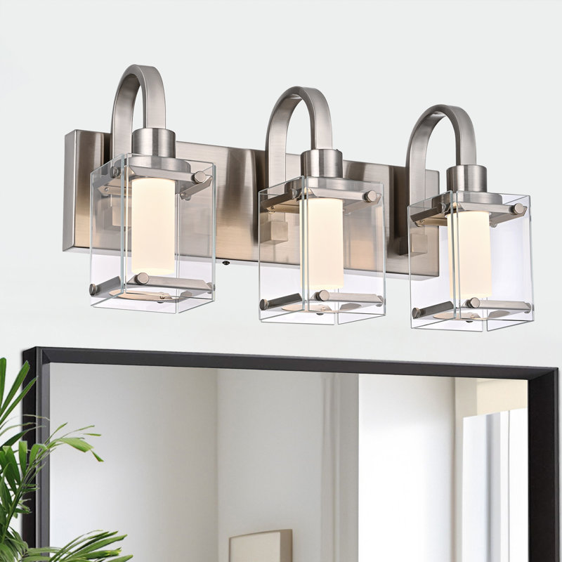Luminaire de salle de bain à 3 lumières au-dessus d'un miroir, éclairage mural en nickel brossé pour meuble-lavabo avec verre transparent pour la cuisine, DEL.