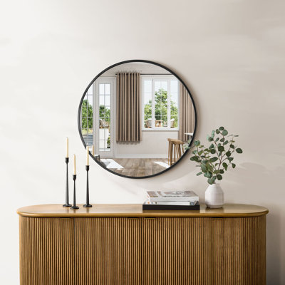 Miroir mural rond de 76 cm (30 po), cadre mince en aluminium, verre HD incassable, miroir rond moderne pour salle de bain, chambre ou entrée, noir mat