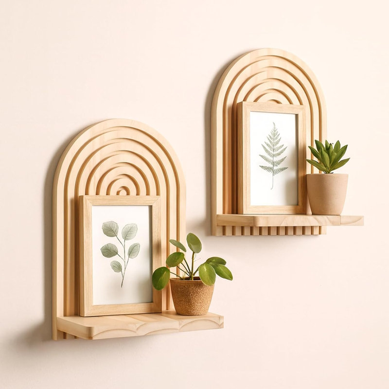 Lot de 2 étagères murales bohèmes en bois, étagères flottantes arc-en-ciel faites à la main, rangement pour bibelots, décoration murale moderne pour chambre, salon, chambre d'enfant, salle de bain