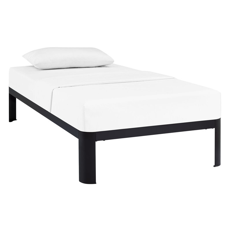 Gray Twin Metal Bed Frame with Slats and Drawer