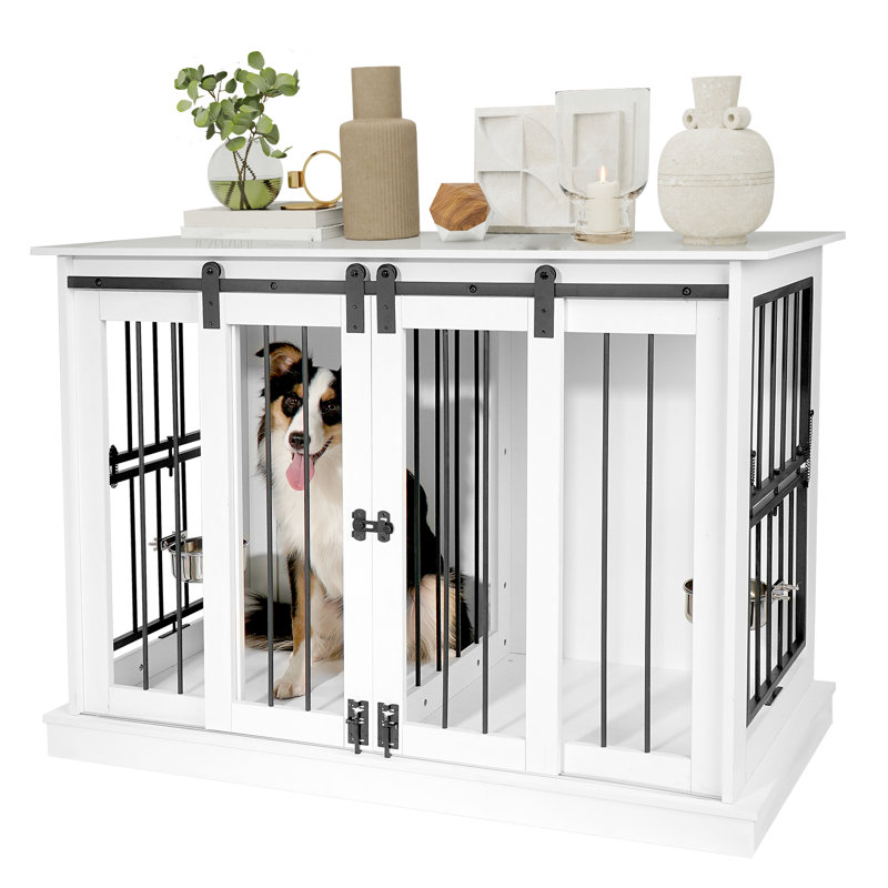 White Medium Wooden Dog Crate Table with Sliding Doors