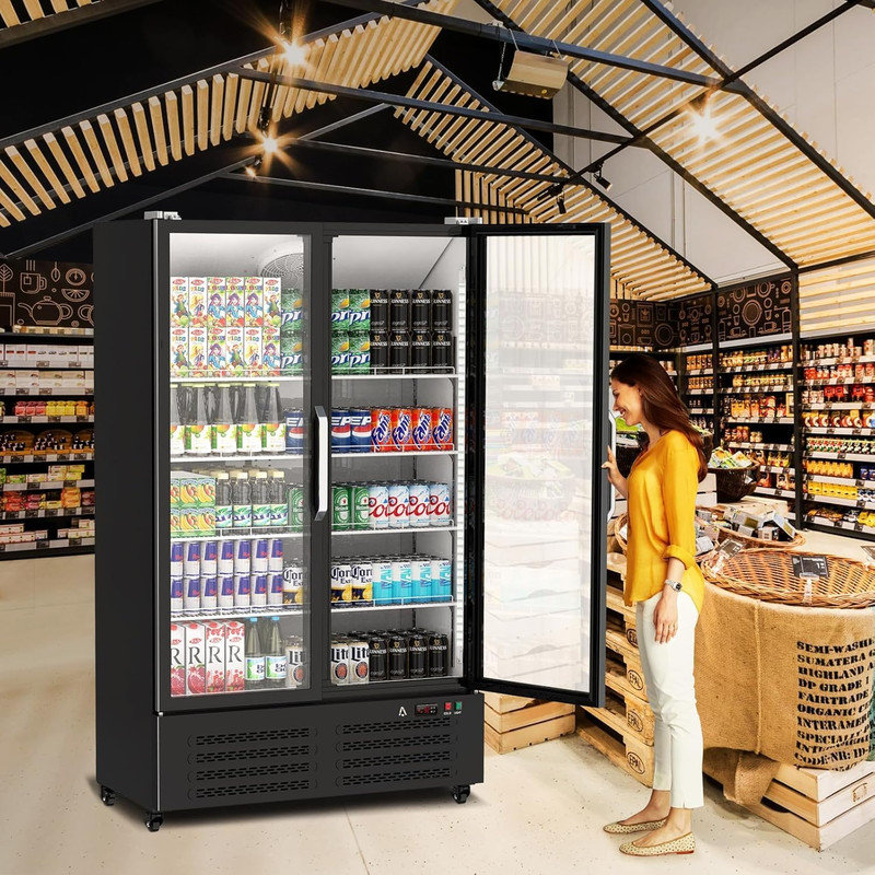 25.5 Cu.Ft Commercial Glass Door Beverage Cooler with LED Light & Adjustable Shelves for Restaurant, Black
