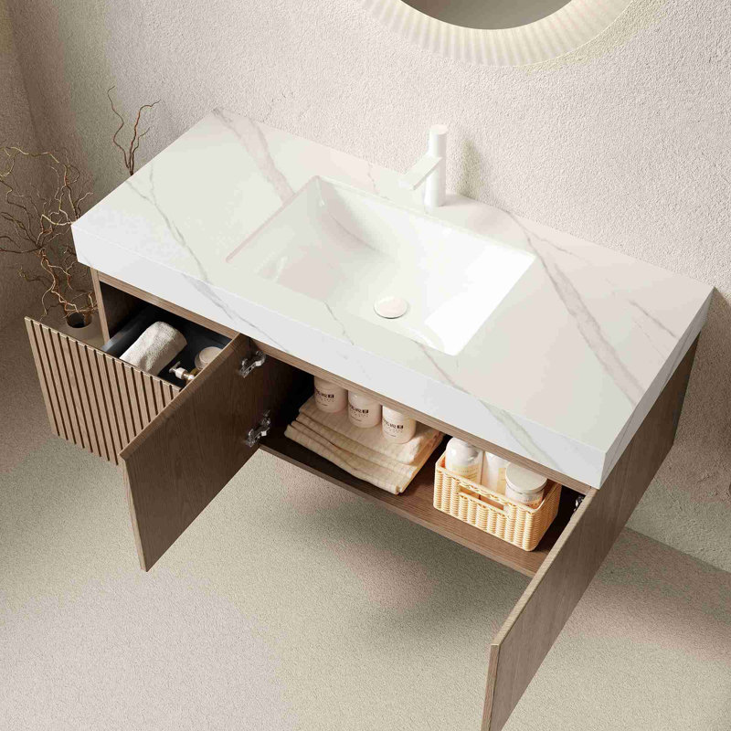 Meuble-lavabo moderne flottant, Brun pâle, Blanc de Carrare
