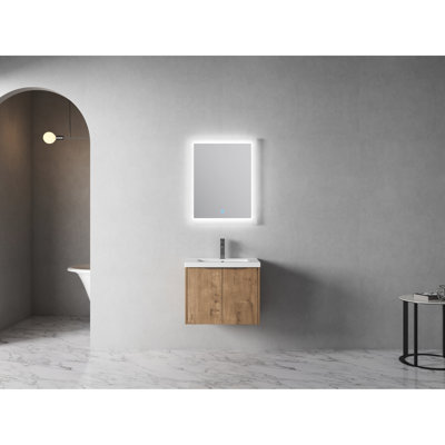 Modern Bathroom Resin Sink Cabinet - Wall Mounted 24 Inch, Soft Close Doors, Plywood, Imitative Oak Hue With 24", Mount, Door, Coloring