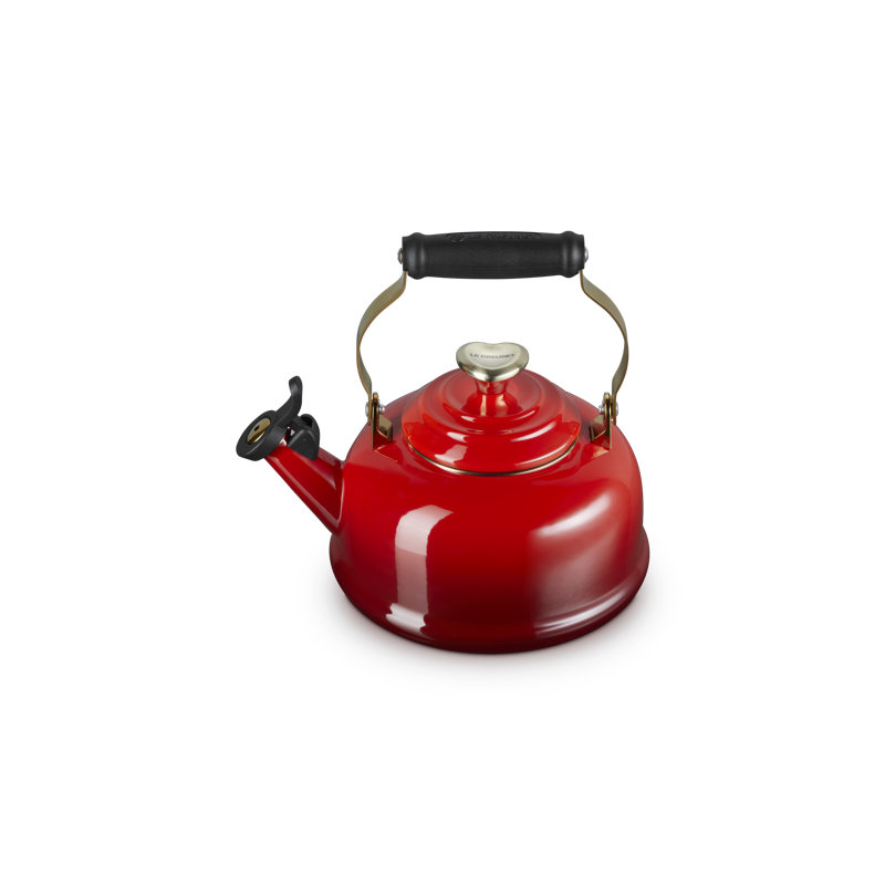 Le Creuset Enamel On Steel Whistling Kettle 1.7 Qt Cerise Light Gold Heart Knob, Red