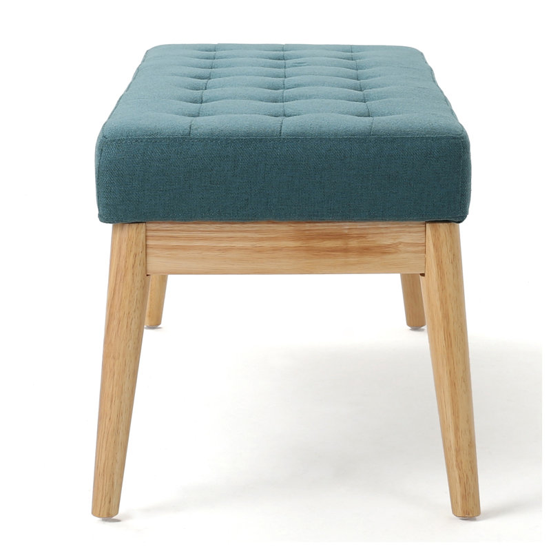 Banc en tissu capitonné bleu sarcelle l 43,5 po, capacité de 250 lb, siège rembourré de style Mid-Century avec pieds en bois de bouleau pour le vestibule et la chambre à coucher