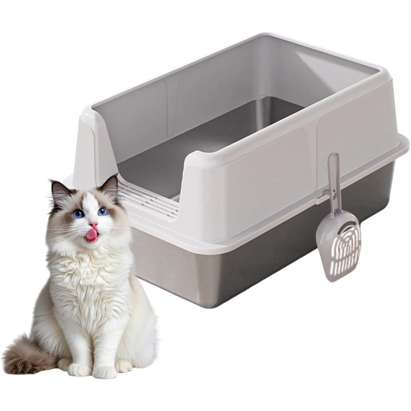 Black Stainless Steel Cat Litter Box, High Sides Double Splash Guard, Side Entry Design, Non-Stick Odor Resistant Litter Pan with Scoop & Holder for Kittens and Adult Cats