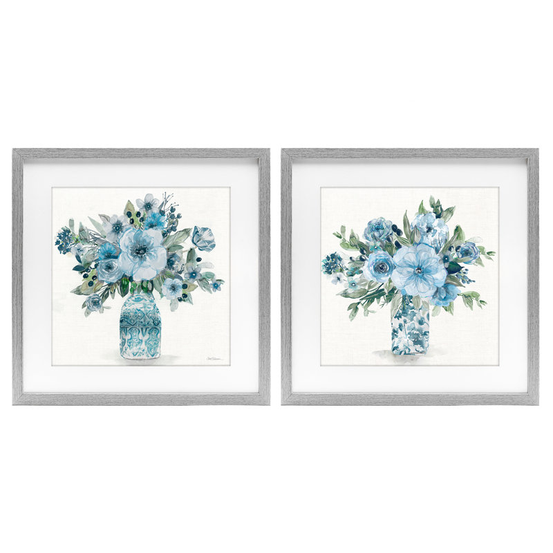 Ensemble de 2 vases à motif floral pastel encadré sous-verre, design par Carol Robinson, H 16 po x l 16 po