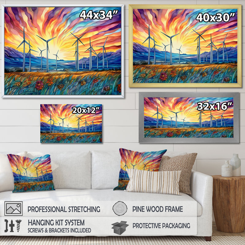Éoliennes au lever du soleil, Cadre simple blanc, H 30 po x l 40 po x P 1,5 po