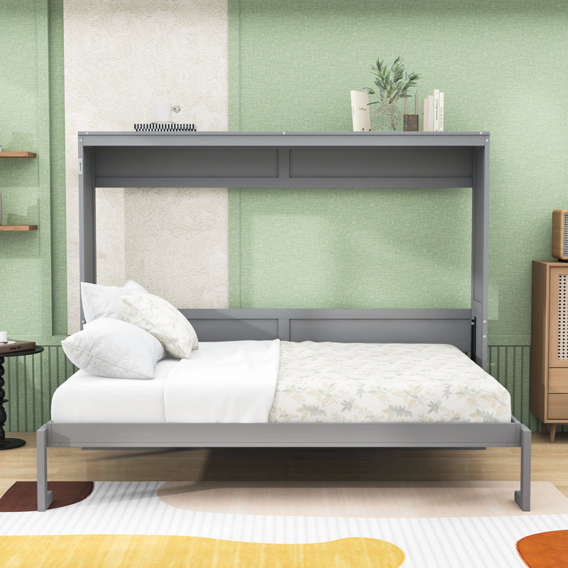 Lit escamotable en bois avec mécanisme de pliage à double piston, Gris, Grand lit