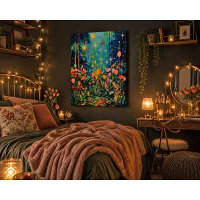 Sunlit Butterfly Garden Wrapped Canvas Wall Art | Whimsical Floral Nature Canvas Print for Living Room Bedroom Décor