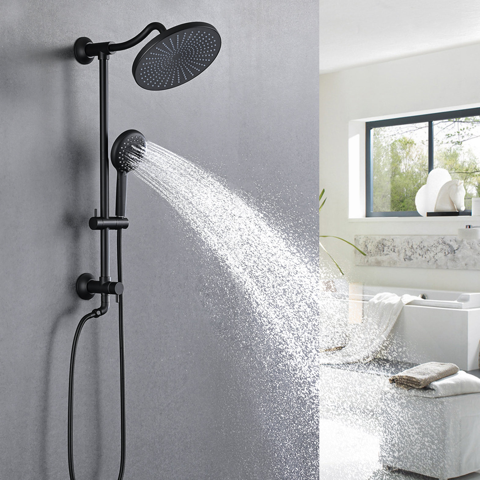 Shower Faucet Black With Round Rain Shower Hand Head Shower Set With Shelf  Bathroom