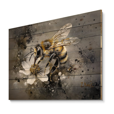 Bee Delicate Flower - Modern Wood Wall Decor On Natural Pine Wood
