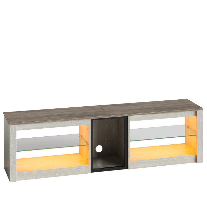 Jakameron TV Stand with LED Lights, Gaming Media Console with Glass Shelves, White Wash