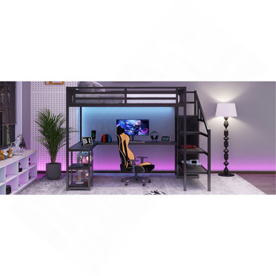 Lit mezzanine en métal avec garde-robe et lumière DEL, lit mezzanine avec bureau en L et port USB pour enfants, adolescents, adultes