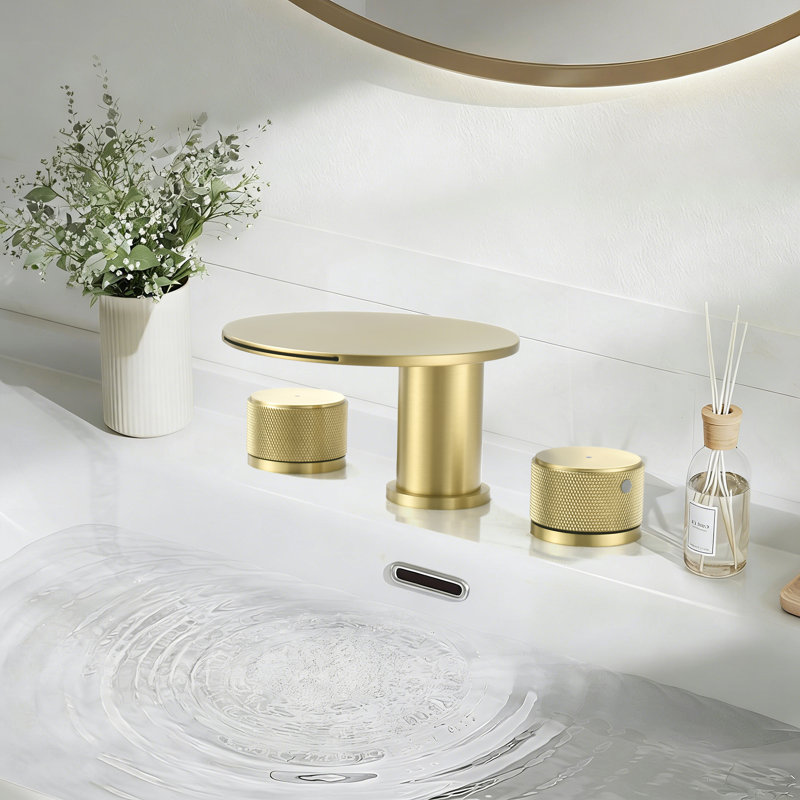 Robinet de lavabo de salle de bain en laiton massif à 2 poignées à cascade, Or brossé, Non