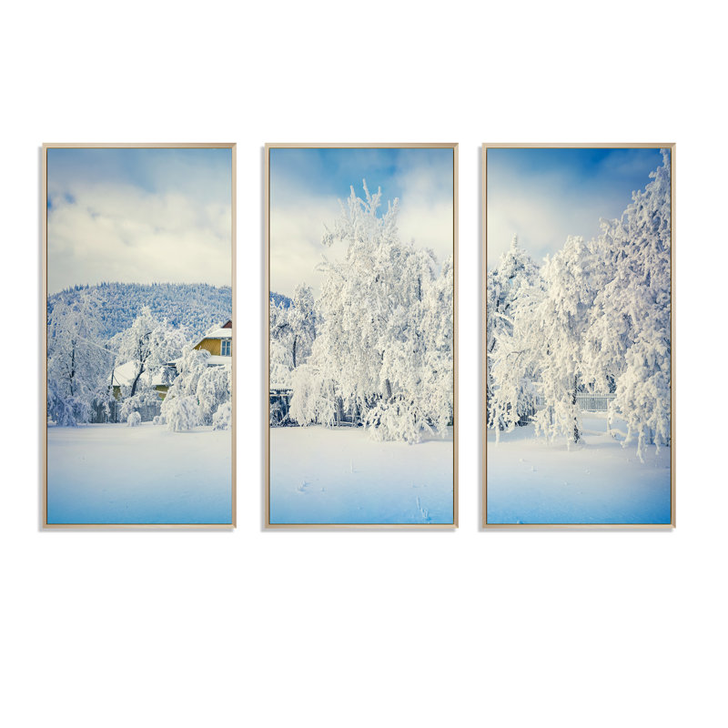 " White Winter Mountain Landscape " 3 - Pieces, 36" W x 20" H, Brown Framed