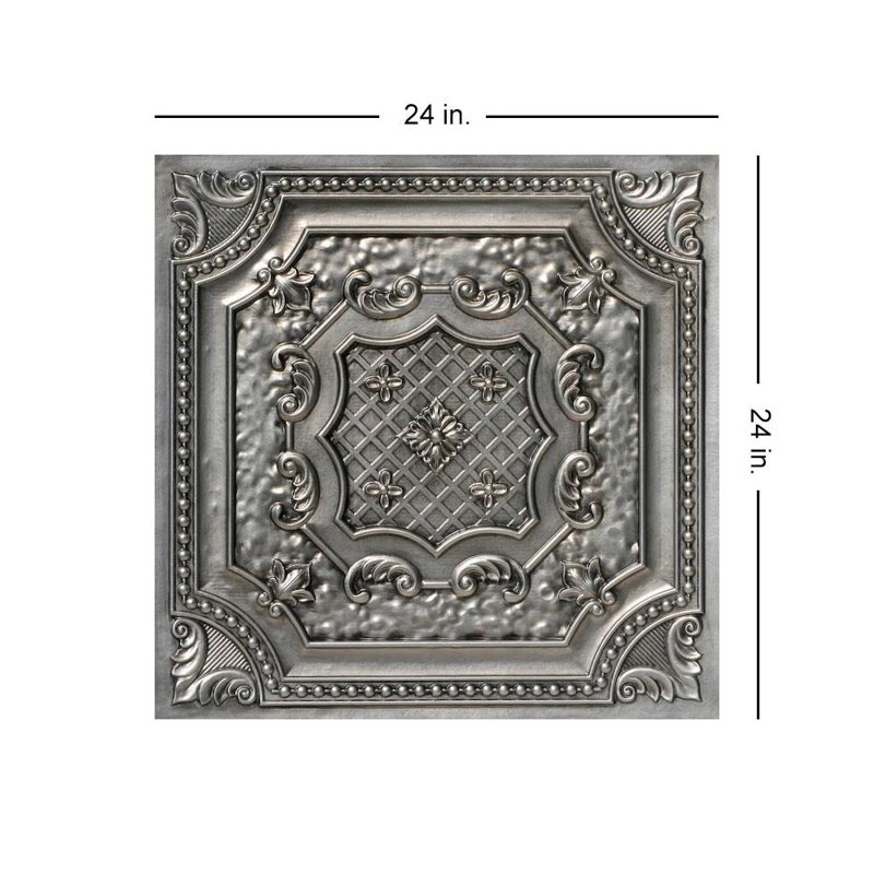 Tuile de plafond élisabéthanne en PVC à coller ou à coller - 24 po x 24 po, Argent vieilli