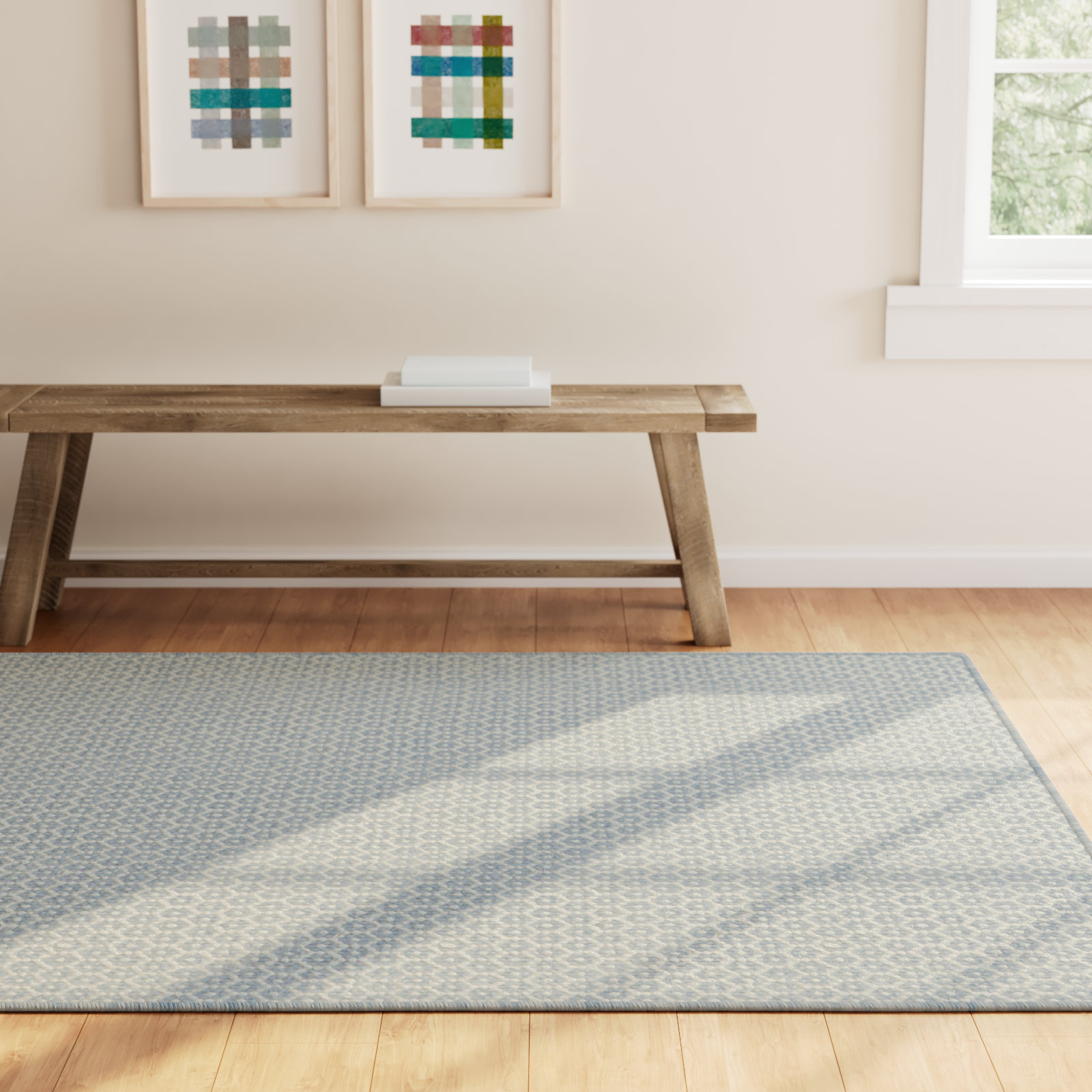 Honeycomb French Blue/Ivory Handwoven Wool Rug, Rectangle 5' x 8'