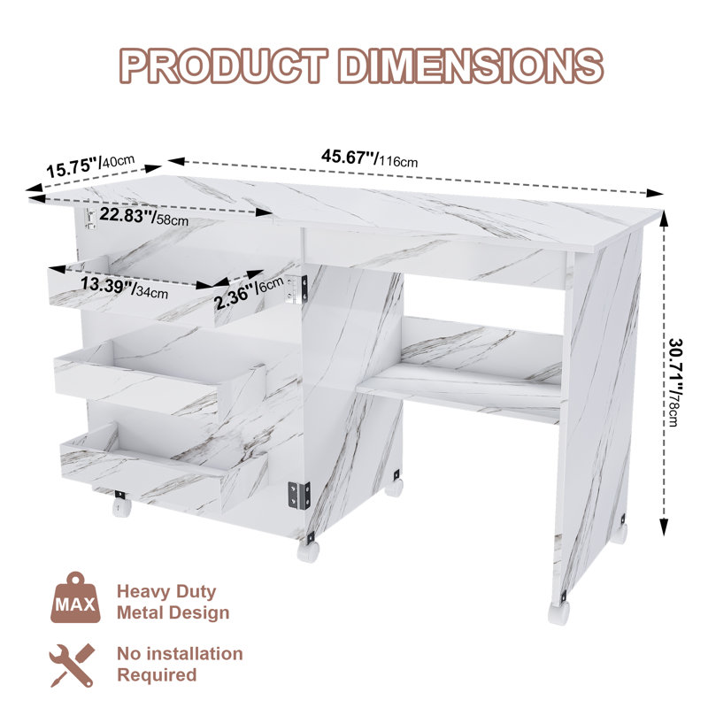 4 In 1 Folding Sewing Table With Storage Shelves And Lockable Wheels, Rolling Machine Desk, White
