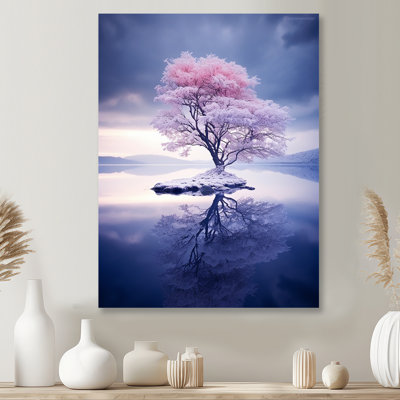 Arbre enneigé enneigé, lac, arbre de chêne, salon d'art mural