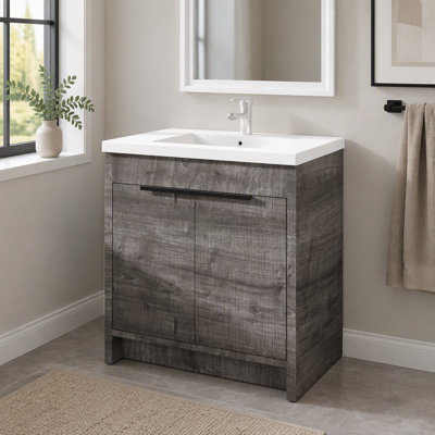 Meuble-lavabo autoportant de 76 cm avec lavabo, armoire en contreplaqué, porte à fermeture amortie, lavabo en céramique antidébordement