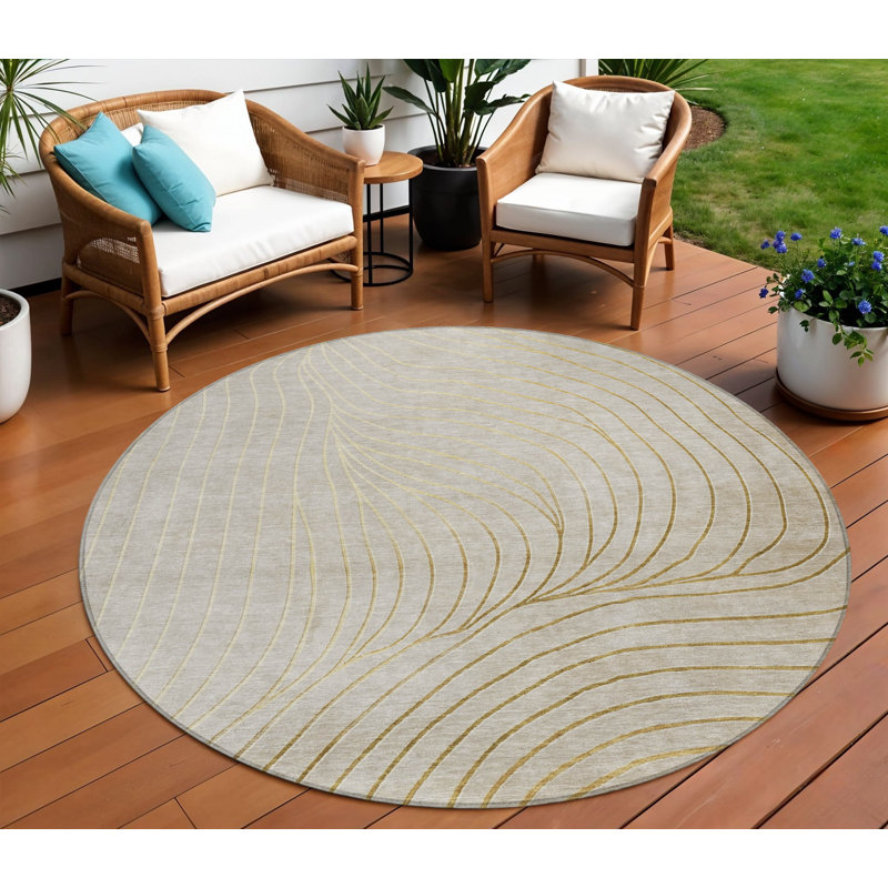 Tapis extérieur rond lavable abstrait 8 pi beige et argent