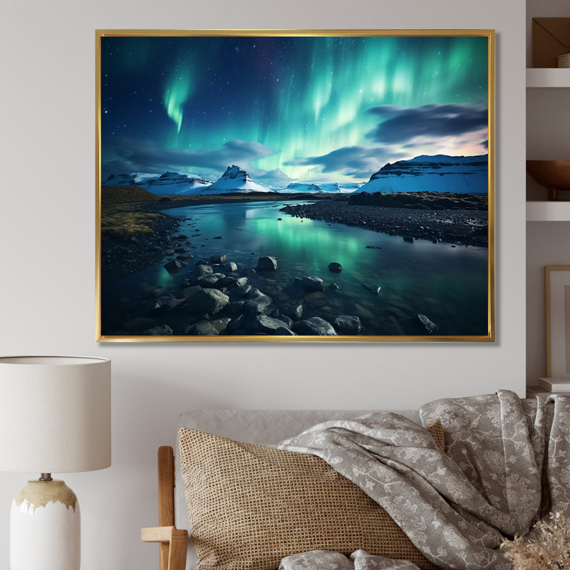«Islandais Borealis Winter s Aurora I - Aurora Borealis», art mural encadré, H 16 po x l 32 po x P 1 po, Cadre flottant doré
