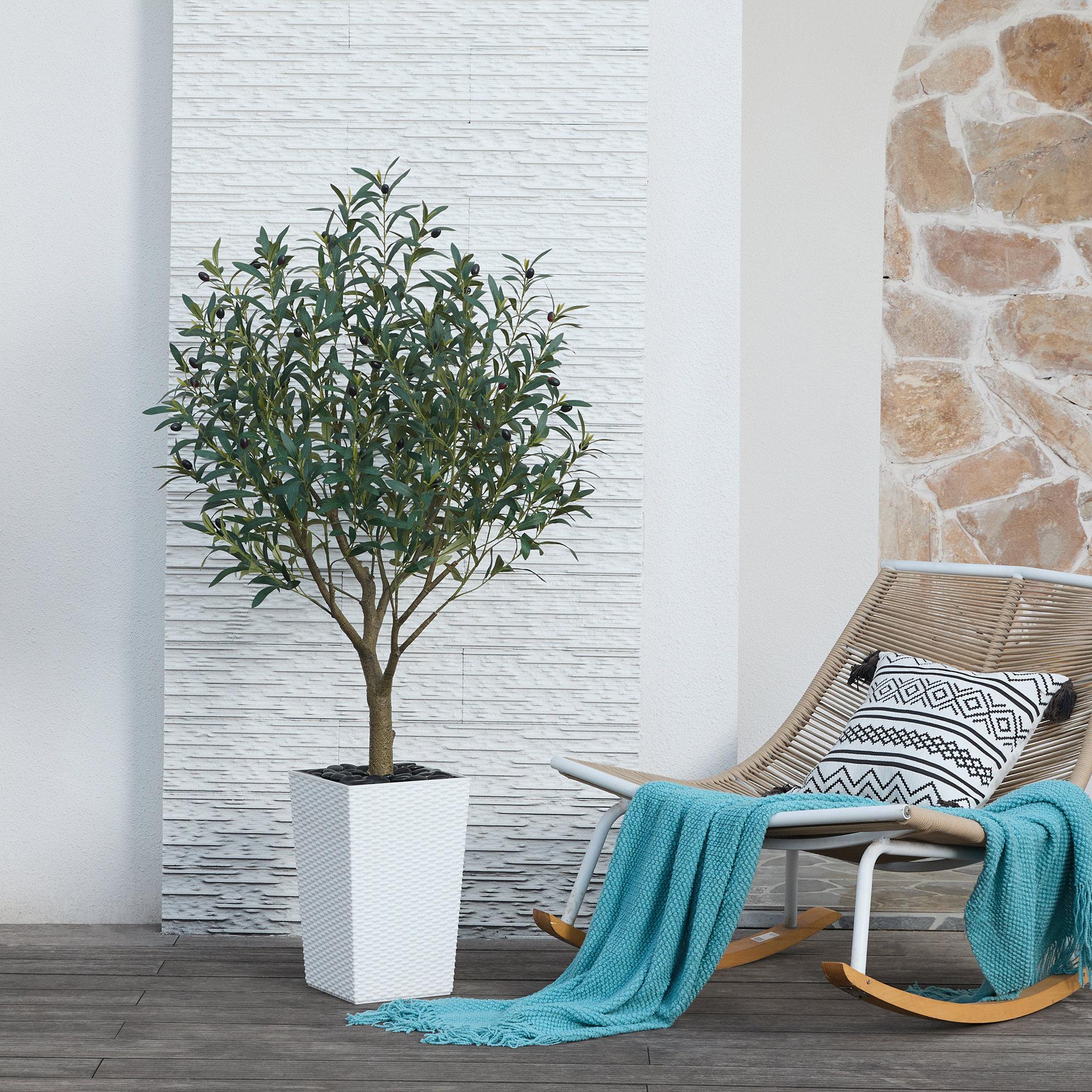 Altera UV Resistant Artificial Olive Tree for Indoor & Outdoor Decor, Large Plastic Base with Pebbles, 60" H x 20" W x 20" D