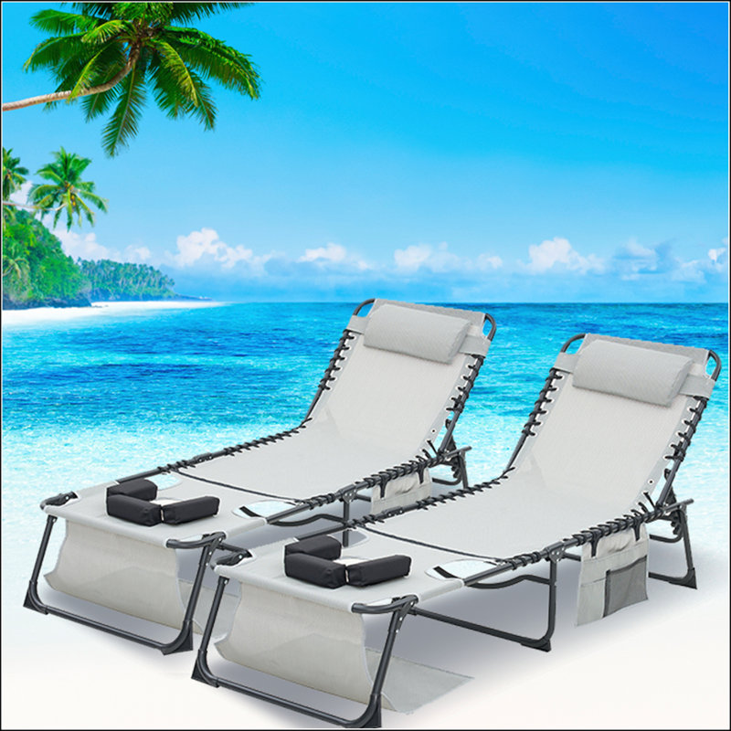 2 Pcs Folding Lounge Chair with Canopy, Adjustable Backrest,and Breathable Mesh Seat for Beach and Patio, 2
