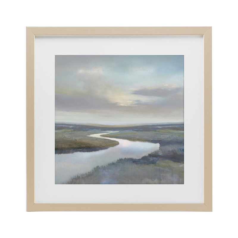 «Calm Riverbend in Greys», reproduction encadrée sous verre, conception de Christy McKee, Récolte de pin sous cadre en verre