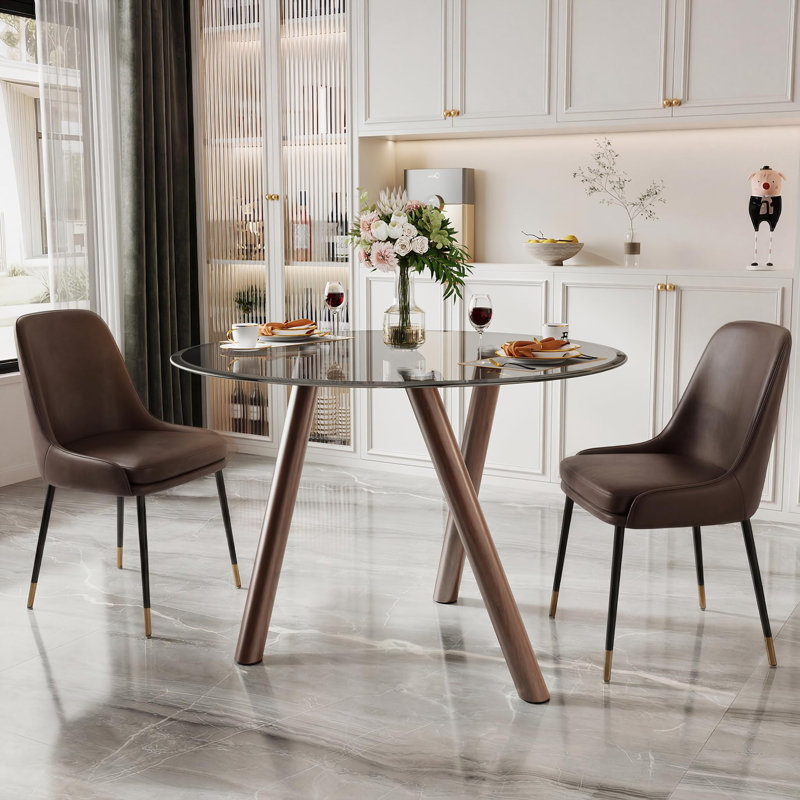 Table de salle à manger 35 po pour 4 personnes avec base en métal et plateau en verre, Noyer, Gris