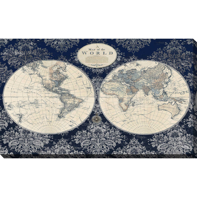 Carte bleue du monde par Elizabeth Medley - impression d'art graphique, H 24 po x l 40 po x P 1,5 po, Toile tendue