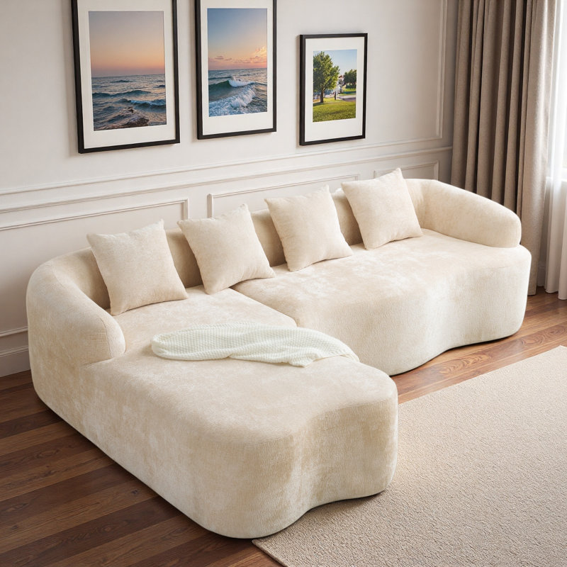 Canapé modulaire en L en chenille à compression complète avec méridienne courbée et coussins, Chenille beige