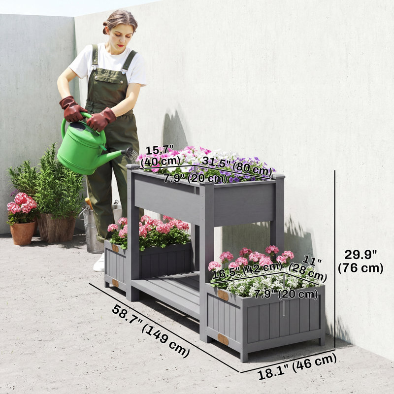 Lit de jardin surélevé en bois avec 2 pots latéraux pliables, tablette de rangement