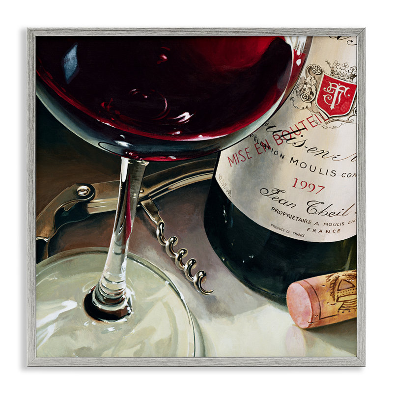 Vin rouge et tire-bouchon, estampe numérique, design par Stefano Ferreri, H 17 po x l 17 po, Estampe numérique Farmhouse