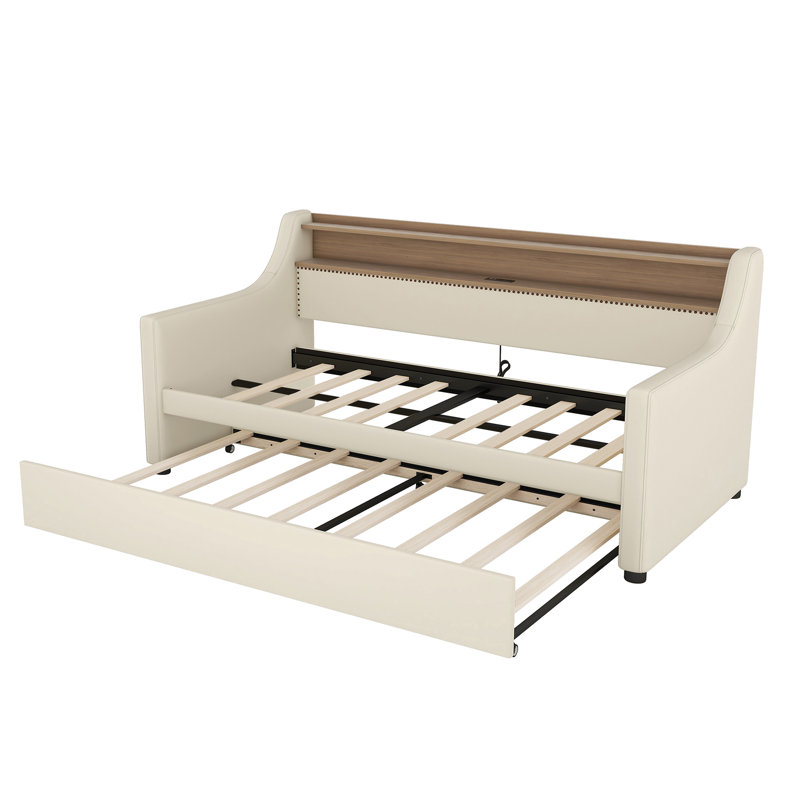 Twin Size Daybed With Trundle, Upholstered Daybed With Charging Station And LED Lights, Beige