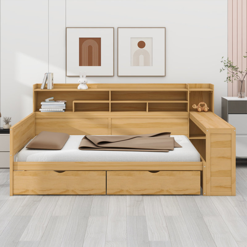 Daybed With Storage Shelves, Multi-Functional Bed With Two Storage Drawers And Study Desk, Natural