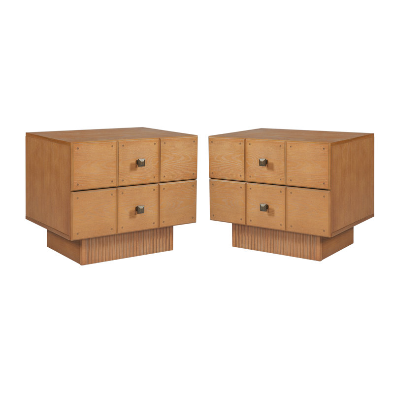 Halvoria Mid-Century Wood Nightstand with Drawers, Fluted Pedestal Base & Brass Knobs for Bedroom & Living Room, Brown, 2