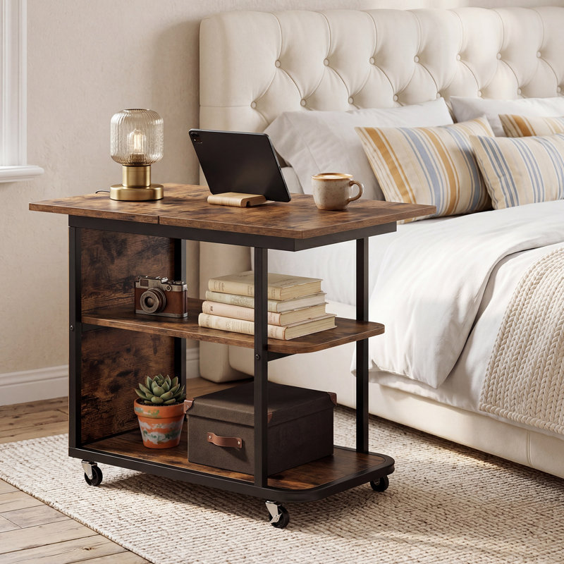 Table de chevet 2 pièces, table de chevet mobile avec plateau pivotant pliable, tablette à 2 niveaux brun rustique et noir, 2