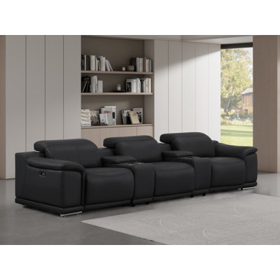 Genuine Leather Sofa With 3 Power Recliners & Dual Storage Consoles