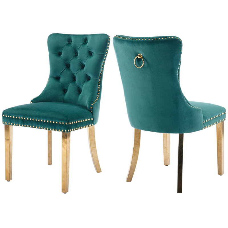 Tufted Velvet Wing Back Side Dining Chairs, Green, Mirror Gold