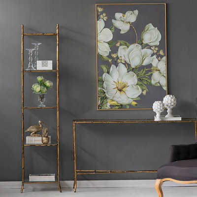 Console 56,5 x 14 x 30 po or antique, plateau en miroir