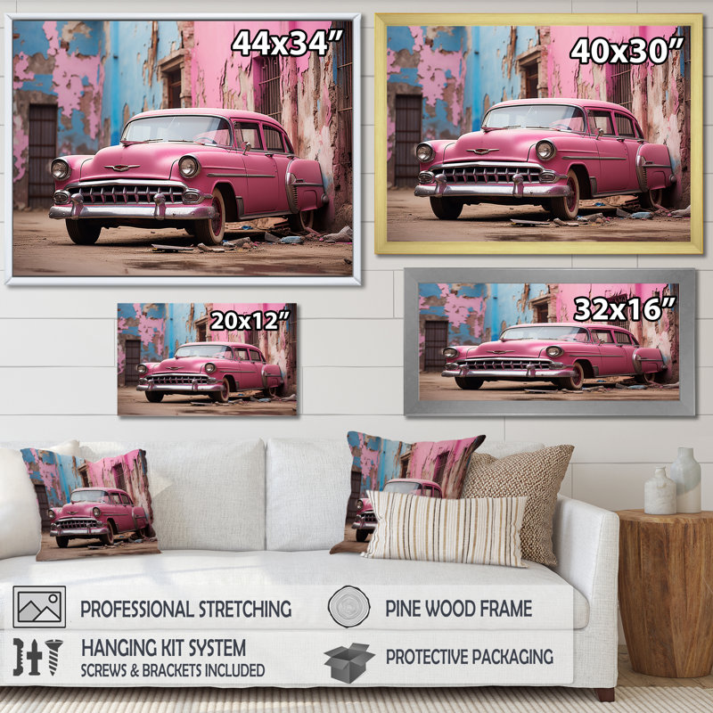 " Cuba Pink Car Impression ", Silver Single Picture Framed, 24'' H x 32'' W x 1" D
